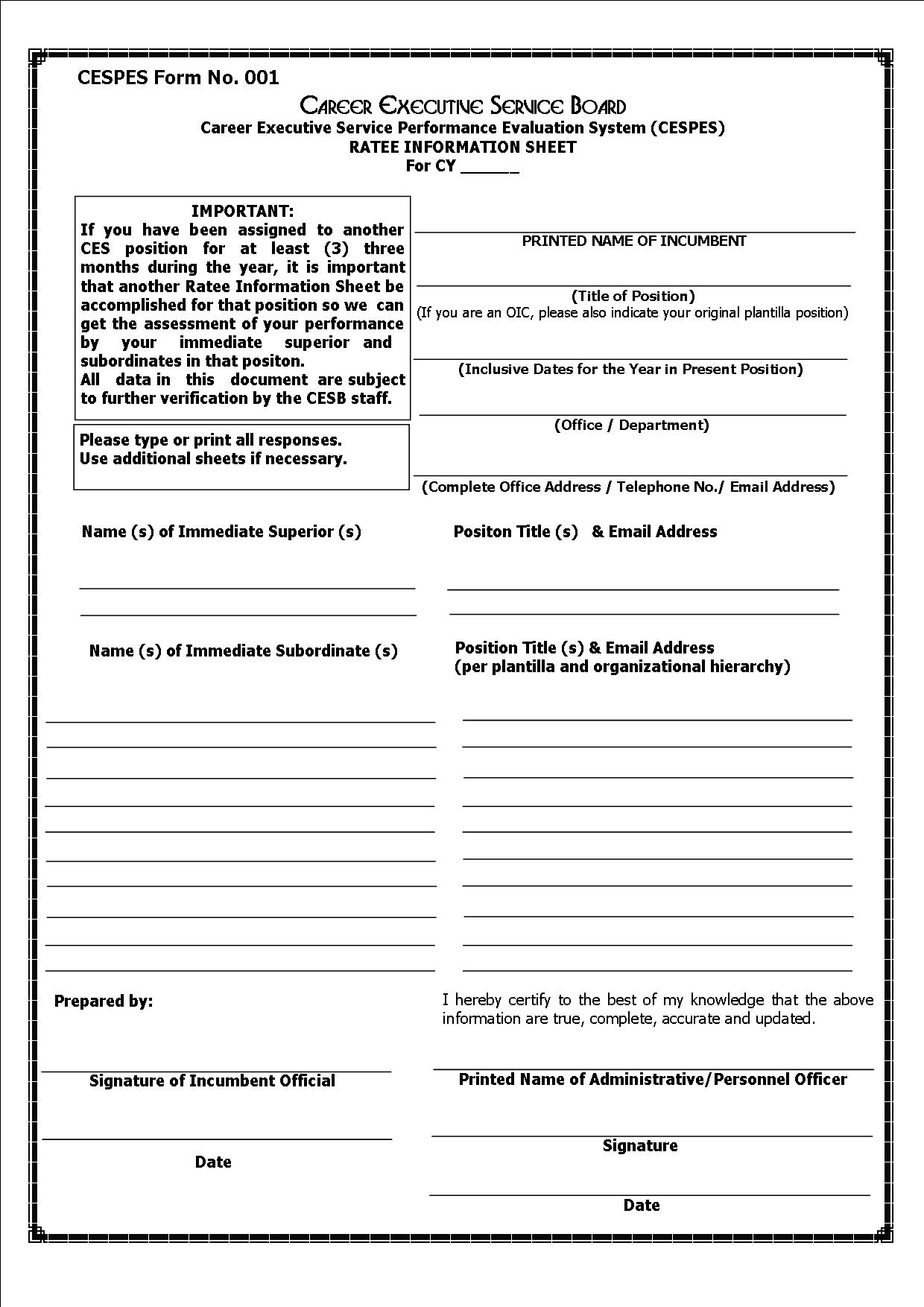 career executive service board personal information sheet sample